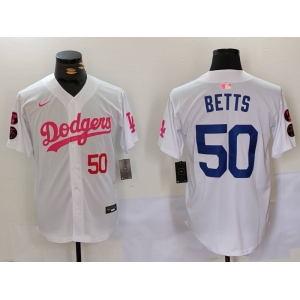 Men's Los Angeles Dodgers #50 Mookie Betts White Pink Vin & Kobe Patch Stitched Baseball Jersey