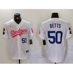 Men's Los Angeles Dodgers #50 Mookie Betts White Pink Vin & Kobe Patch Stitched Baseball Jerseys