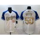 Men's Los Angeles Dodgers #50 Mookie Betts White Royal Gold 2024 World Series Champions Vapor Limited Stitched Baseball Jersey