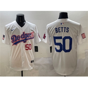 Men's Los Angeles Dodgers #50 Mookie Betts White With American Flag Patch Limited Stitched Baseball Jersey