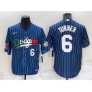 Mens Los Angeles Dodgers #6 Trea Turner Number Navy Blue Pinstripe 2020 World Series Cool Base Nike Jersey