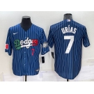 Mens Los Angeles Dodgers #7 Julio Urias Number Navy Blue Pinstripe 2020 World Series Cool Base Nike Jersey