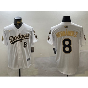 Men's Los Angeles Dodgers #8 Enrique Hernández White Gold 2024 World Series With Fernando Memorial Patch Home Limited Stitched Baseball Jersey