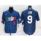 Men's Los Angeles Dodgers #9 Gavin Lux Number Navy Blue Pinstripe 2020 World Series Cool Base Nike Jersey