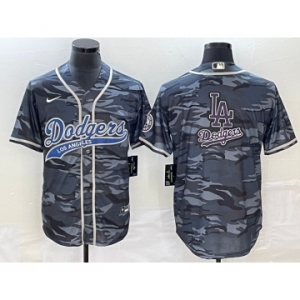 Men's Los Angeles Dodgers Gray Camo Team Big Logo Cool Base With Patch Stitched Baseball Jersey 1
