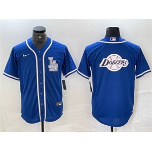 Mens Los Angeles Dodgers Team Big Logo Blue Cool Base Stitched Baseball Jersey
