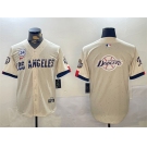 Men's Los Angeles Dodgers Team Big Logo Cream 2024 World Series With No. 34 Patch Limited Stitched Baseball Jersey