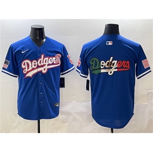 Men's Los Angeles Dodgers Team Big Logo Royal With American Flag Patch Limited Stitched Baseball Jersey