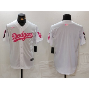 Men's Los Angeles Dodgers Team Big Logo White Pink Vin & Kobe Patch Stitched Baseball Jersey