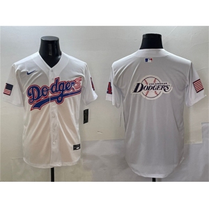 Men's Los Angeles Dodgers Team Big Logo White With American Flag Patch Limited Stitched Baseball Jersey