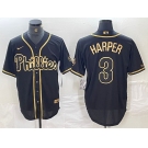 Men's Philadelphia Phillies #3 Bryce Harper Black Gold Cool Base Stitched Baseball Jersey