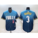 Mens Philadelphia Phillies #3 Bryce Harper Number Blue 2024 City Connect Limited Stitched Jersey