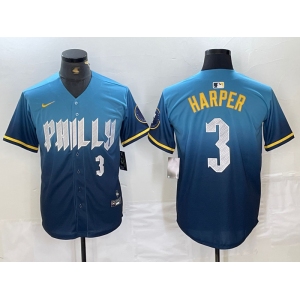 Men's Philadelphia Phillies #3 Bryce Harper Number Blue 2024 City Connect Limited Stitched Jersey