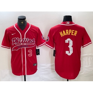 Men's Philadelphia Phillies #3 Bryce Harper Number Red Cool Base Stitched Baseball Jersey