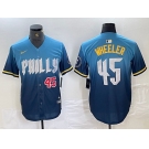 Men's Philadelphia Phillies #45 Zack Wheeler Blue 2024 City Player Number Cool Base Stitched Jerseys