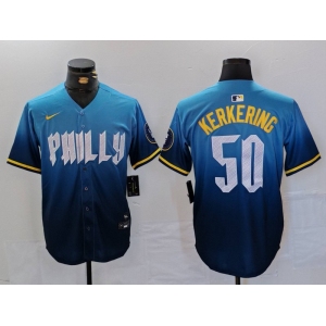 Men's Philadelphia Phillies #50 Orion Kerkering Blue 2024 City Connect Limited Stitched Jersey