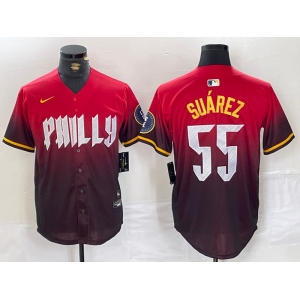 Mens Philadelphia Phillies #55 Ranger Suarez Red 2024 City Player Number Cool Base Jersey