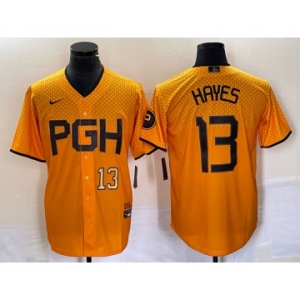 Men's Pittsburgh Pirates #13 KeBryan Hayes Number Gold 2023 City Connect Stitched Jersey2