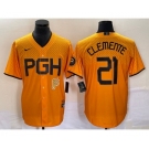 Men's Pittsburgh Pirates #21 Roberto Clemente Gold 2023 City Connect Stitched Jersey 1