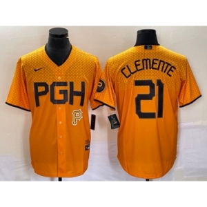 Men's Pittsburgh Pirates #21 Roberto Clemente Gold 2023 City Connect Stitched Jersey 1