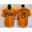 Men's Pittsburgh Pirates #21 Roberto Clemente Number Gold 2023 City Connect Stitched Jersey2