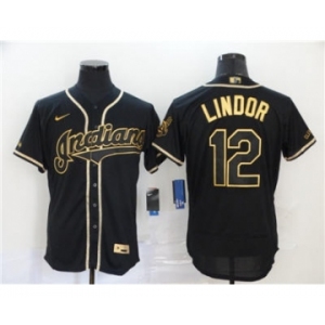 Men's Nike Indians #12 Francisco Lindor Black Gold 2020 Baseball Flexbase Jersey