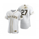 Men's Nike Colorado Rockies #27 Trevor Story White 2020 Authentic Golden Edition Baseball Jersey