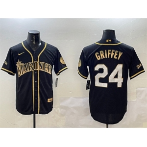 Men's Seattle Mariners #24 Ken Griffey Jr. Black Gold Cool Base Stitched Baseball Jersey