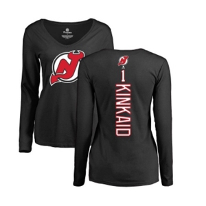 Hockey Women New Jersey Devils #1 Keith Kinkaid Black Backer Long Sleeve T-Shirt