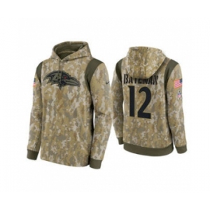 Men's Baltimore Ravens #12 Rashod Bateman Camo 2021 Salute To Service Therma Performance Pullover Football Hoodie