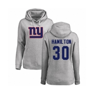 Football Women's New York Giants #30 Antonio Hamilton Ash Name & Number Logo Pullover Hoodie