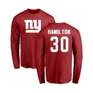 Football New York Giants #30 Antonio Hamilton Red Name & Number Logo Long Sleeve T-Shirt