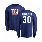Football New York Giants #30 Antonio Hamilton Royal Blue Name & Number Logo Long Sleeve T-Shirt