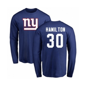 Football New York Giants #30 Antonio Hamilton Royal Blue Name & Number Logo Long Sleeve T-Shirt