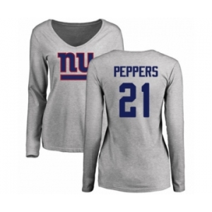Football Women's New York Giants #21 Jabrill Peppers Ash Name & Number Logo Long Sleeve T-Shirt