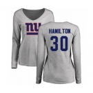 Football Women's New York Giants #30 Antonio Hamilton Ash Name & Number Logo Long Sleeve T-Shirt