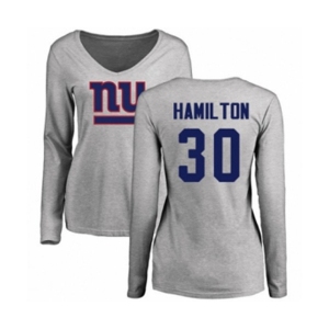 Football Women's New York Giants #30 Antonio Hamilton Ash Name & Number Logo Long Sleeve T-Shirt