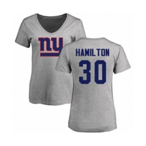 Football Women's New York Giants #30 Antonio Hamilton Ash Name & Number Logo T-Shirt