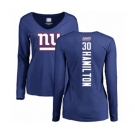 Football Women's New York Giants #30 Antonio Hamilton Royal Blue Backer Long Sleeve T-Shirt