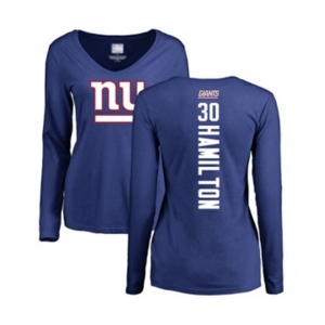 Football Women's New York Giants #30 Antonio Hamilton Royal Blue Backer Long Sleeve T-Shirt