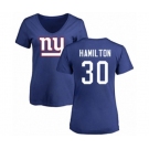 Football Women's New York Giants #30 Antonio Hamilton Royal Blue Name & Number Logo T-Shirt