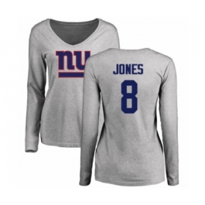 Football Women's New York Giants #8 Daniel Jones Ash Name & Number Logo Long Sleeve T-Shirt