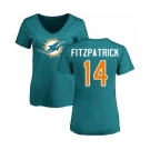 Football Women's Miami Dolphins #14 Ryan Fitzpatrick Aqua Green Name & Number Logo T-Shirt