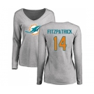 Football Women's Miami Dolphins #14 Ryan Fitzpatrick Ash Name & Number Logo Long Sleeve T-Shirt