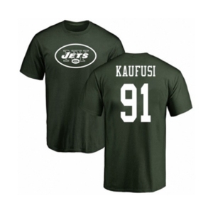 Football New York Jets #91 Bronson Kaufusi Green Name & Number Logo T-Shirt