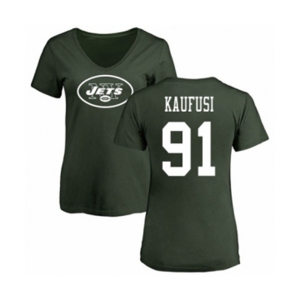 Football Women's New York Jets #91 Bronson Kaufusi Green Name & Number Logo T-Shirt