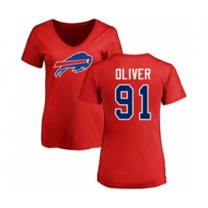 Football Women's Buffalo Bills #91 Ed Oliver Red Name & Number Logo T-Shirt