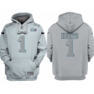 Men's Philadelphia Eagles #1 Jalen Hurts Gray Atmosphere Fashion Super Bowl LVII Patch Pullover Hoodie