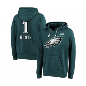 Men's Philadelphia Eagles #1 Jalen Hurts Midnight Green Super Bowl LVII Name & Number Pullover Hoodie