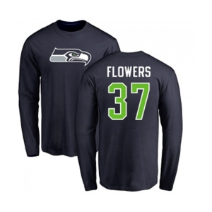 Football Seattle Seahawks #37 Tre Flowers Navy Blue Name & Number Logo Long Sleeve T-Shirt